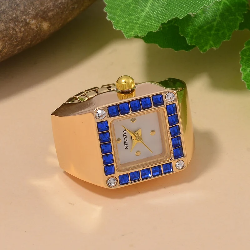 STRADA - Ringuhr mit blauem Kristall und Weißkristall, Japanischem Uhrwerk, 7.5 cm, Reiner Edelstahl, vergoldet