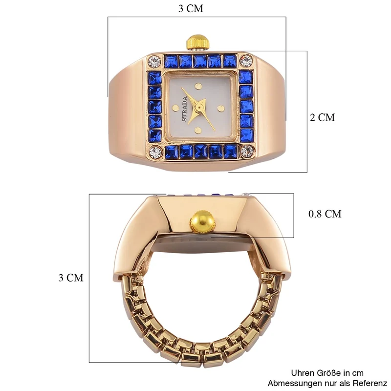 STRADA - Ringuhr mit blauem Kristall und Weißkristall, Japanischem Uhrwerk, 7.5 cm, Reiner Edelstahl, vergoldet