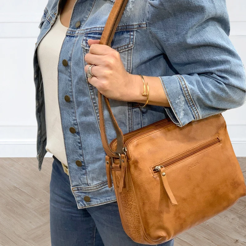 Milleni Women's Nappa Leather Shoulder Crossbody Bag 28x22cm Cognac