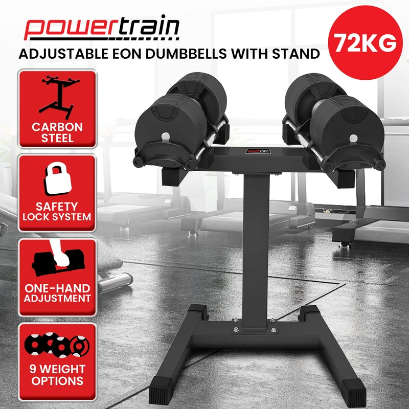 Powertrain Eon 72kg Adjustable Dumbbell Pair with Stand 2x 36kg Quick Dial Weights Set for Home Gym Strength Training
