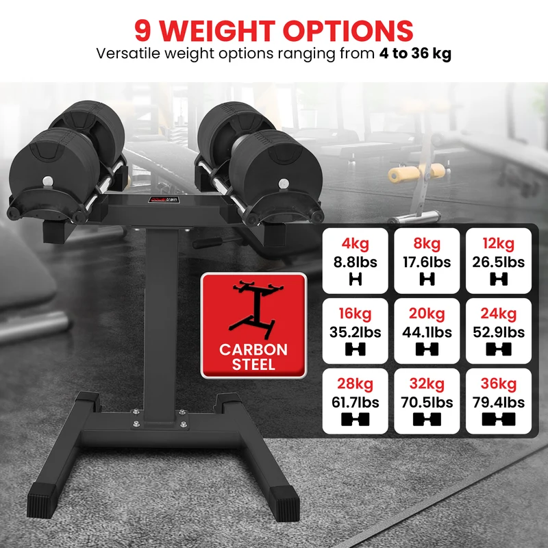 Powertrain Eon 72kg Adjustable Dumbbell Pair with Stand 2x 36kg Quick Dial Weights Set for Home Gym Strength Training