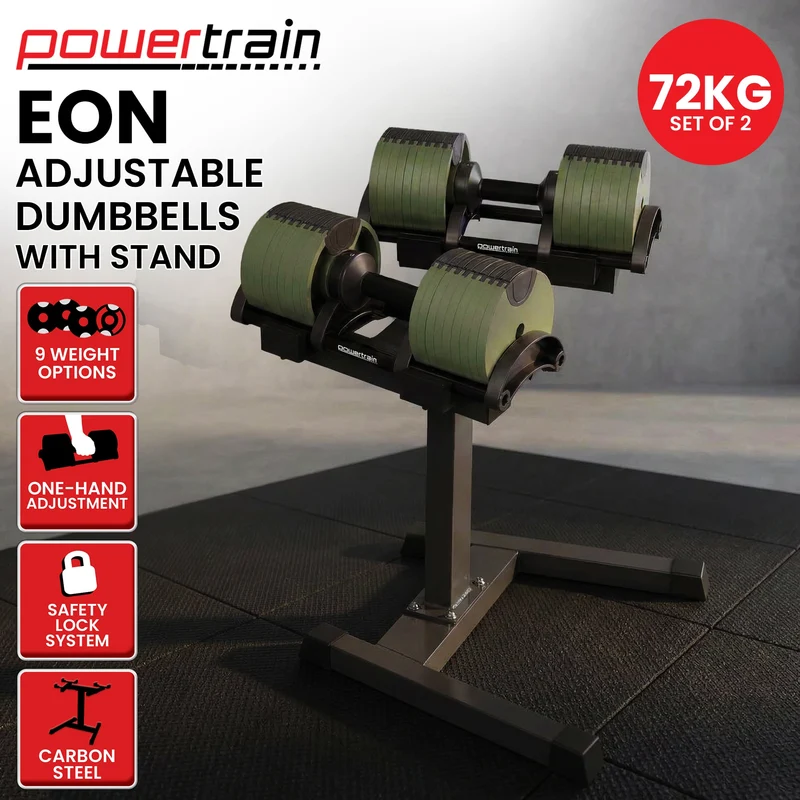 Powertrain 72kg Adjustable Dumbbells Pair with Stand 4-36kg Quick Dial Weight Set for Home Gym Strength Training Green