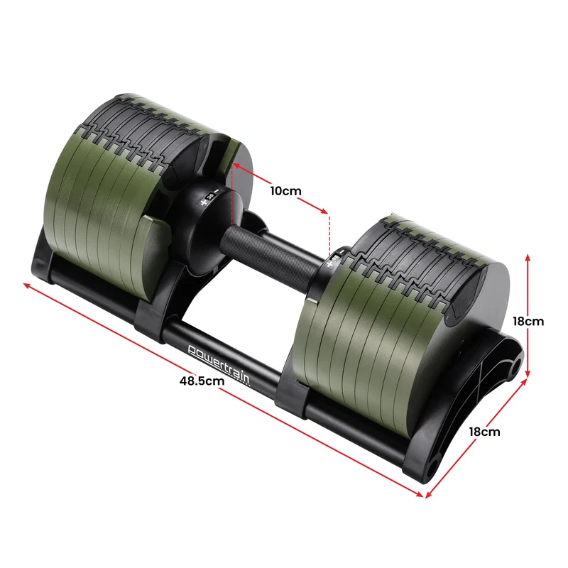 Powertrain 72kg Adjustable Dumbbells Pair with Stand 4-36kg Quick Dial Weight Set for Home Gym Strength Training Green
