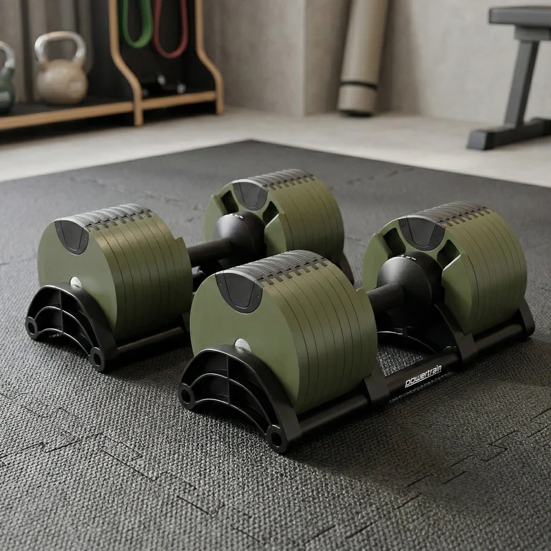 Powertrain Eon 90kg Adjustable Dumbbells Pair (2x 45kg) Quick Dial Strength Training Free Weights for Home Gym, Green