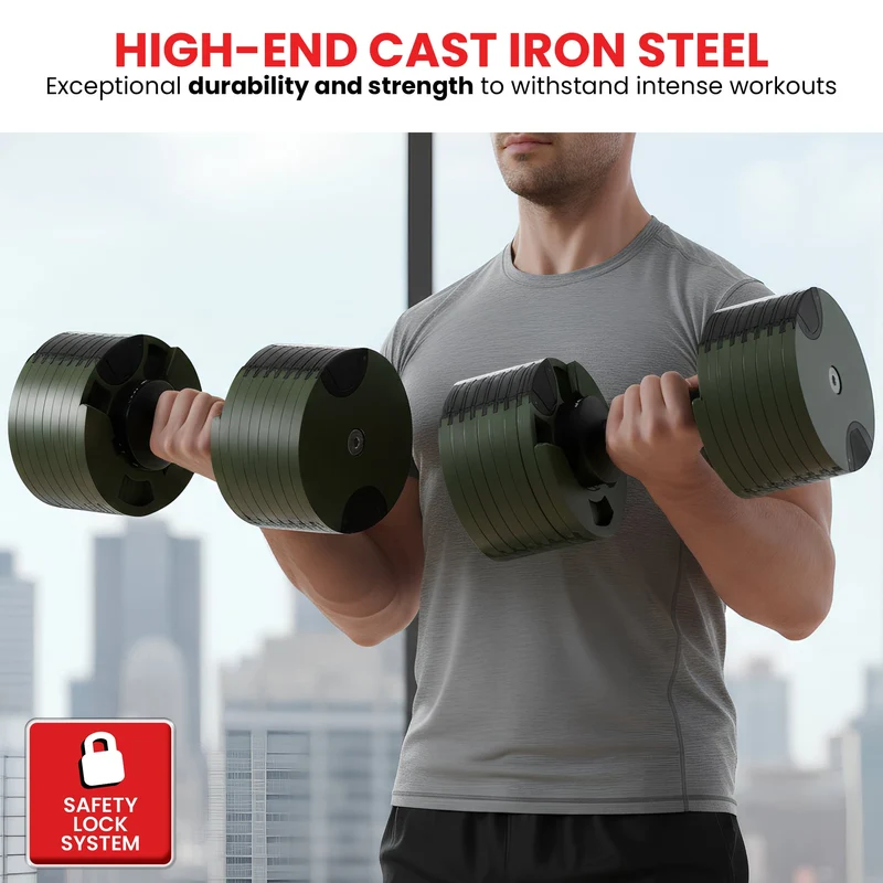 Powertrain Eon 45kg Adjustable Dumbbell Fast Dial Selector 5-45kg Home Gym Strength Training Free Weight - Green