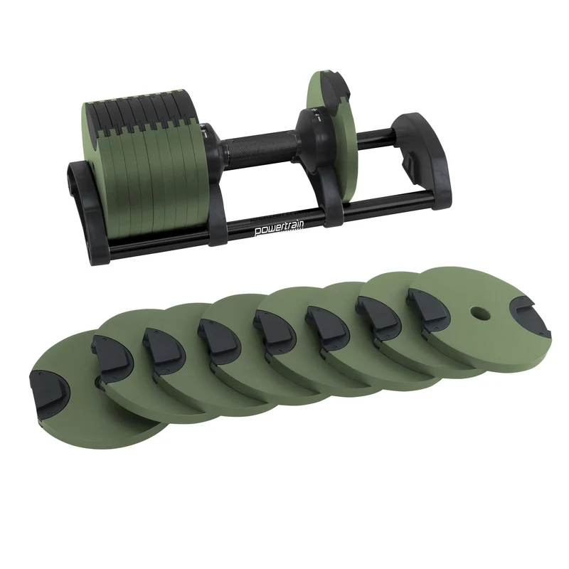 Powertrain Eon 72kg Adjustable Dumbbells Pair 4-36kg Quick Dial Cast Iron Weight Set for Home Gym Fitness Green