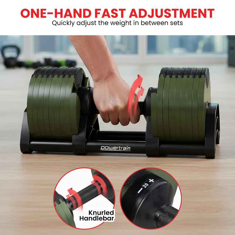 Powertrain Eon 72kg Adjustable Dumbbells Pair 4-36kg Quick Dial Cast Iron Weight Set for Home Gym Fitness Green