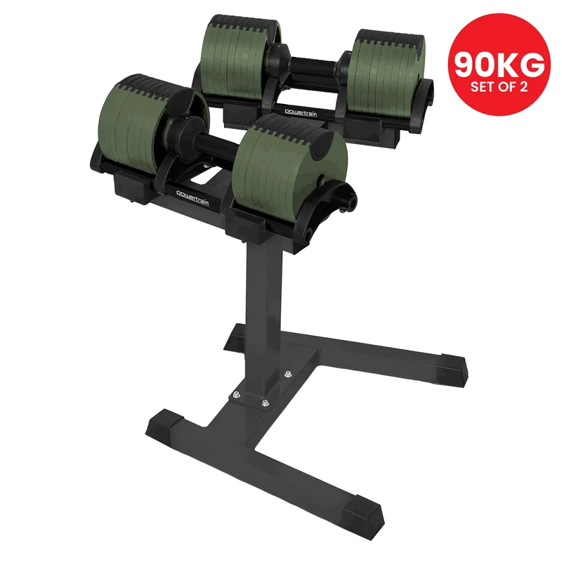 Powertrain Eon 90kg Adjustable Dumbbells Pair with Stand 5-45kg Quick Dial Weight Set for Home Gym Strength Training