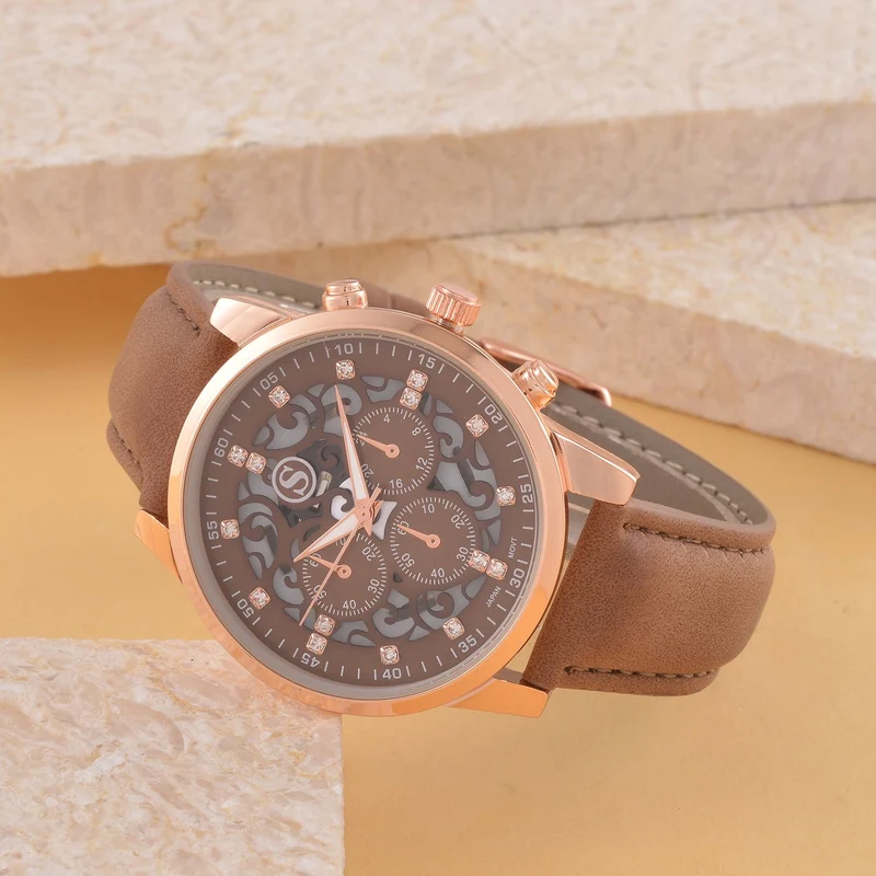 Strada Japanisches Uhrwerk - Exklusive Uhr mit braunem Hohlzifferblatt, braunem PU-Band und Edelstahl-Schnalle, Weißer Kristall Uhr, 23cm, rose