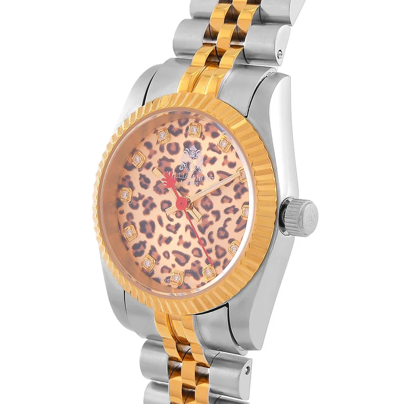 William Hunt Moissanit-Uhr - Bicolor Edelstahlarmband mit Ronda 763 Swiss Movement und gelbem Leoparden-Zifferblatt