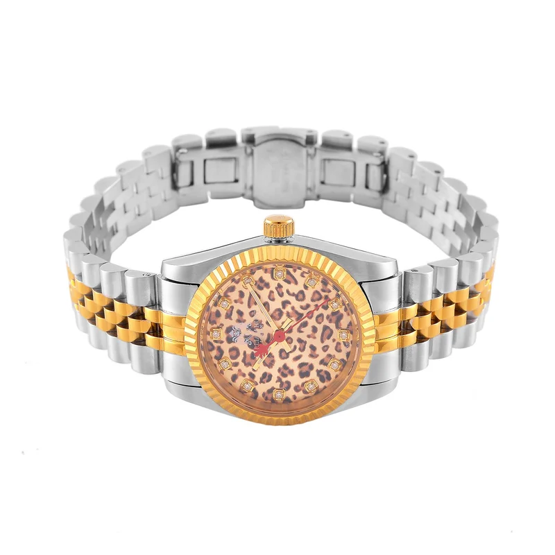 William Hunt Moissanit-Uhr - Bicolor Edelstahlarmband mit Ronda 763 Swiss Movement und gelbem Leoparden-Zifferblatt