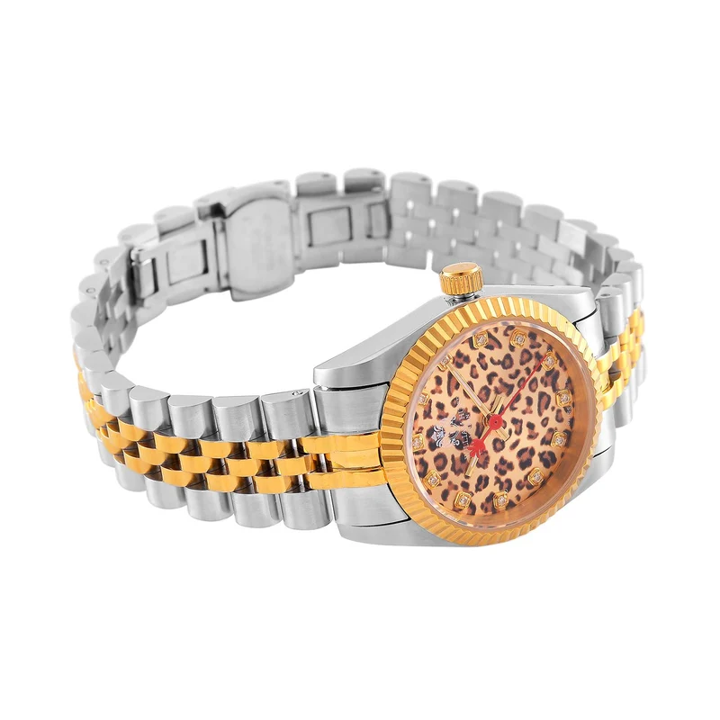 William Hunt Moissanit-Uhr - Bicolor Edelstahlarmband mit Ronda 763 Swiss Movement und gelbem Leoparden-Zifferblatt