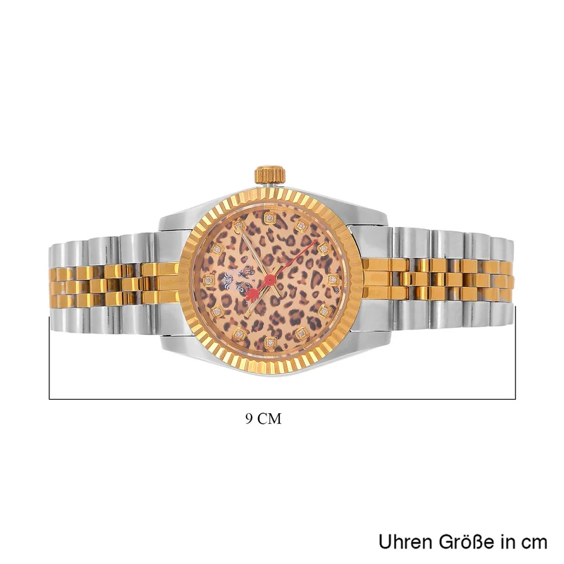 William Hunt Moissanit-Uhr - Bicolor Edelstahlarmband mit Ronda 763 Swiss Movement und gelbem Leoparden-Zifferblatt