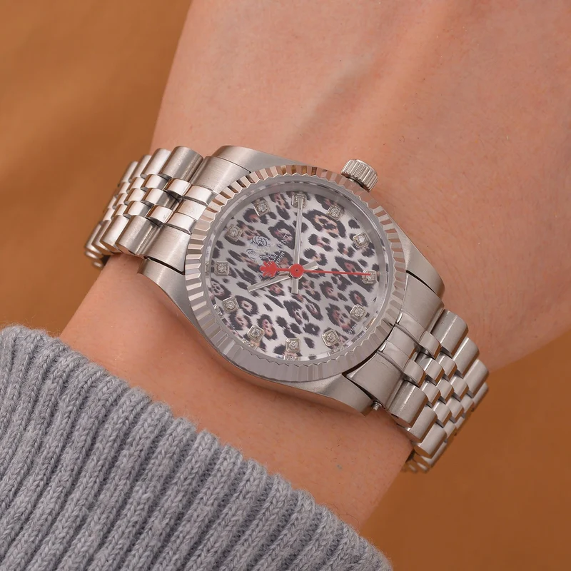 William Hunt Moissanit-Uhr - Bicolor Edelstahlarmband mit Ronda 763 Swiss Movement und gelbem Leoparden-Zifferblatt