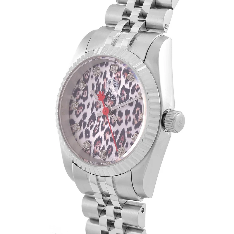 William Hunt Moissanit-Uhr - Bicolor Edelstahlarmband mit Ronda 763 Swiss Movement und gelbem Leoparden-Zifferblatt