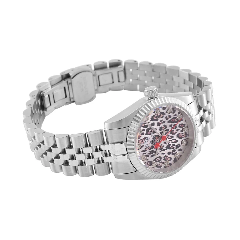 William Hunt Moissanit-Uhr - Bicolor Edelstahlarmband mit Ronda 763 Swiss Movement und gelbem Leoparden-Zifferblatt
