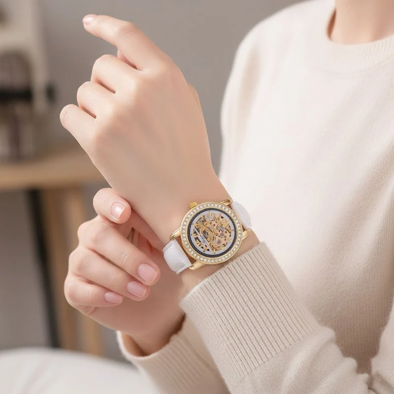 GENOA TIME V2 Automatik-Uhr mit Mechanischem Uhrwerk, Roségoldfarbenem Gehäuse und Blauem Lederarmband