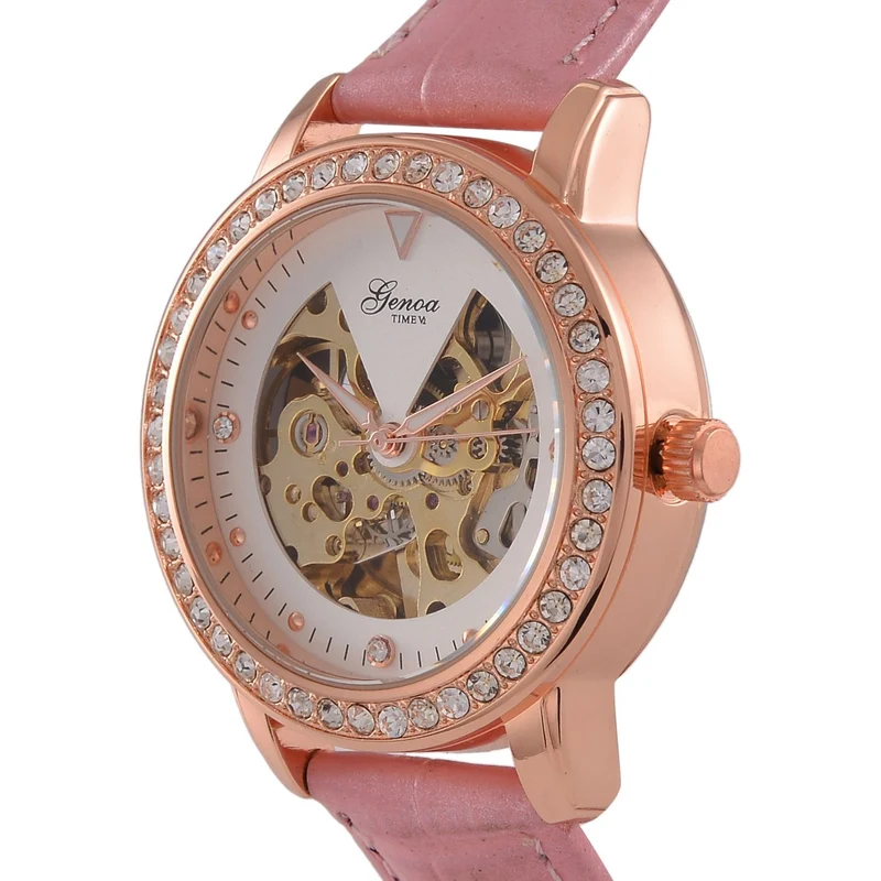 GENOA TIME V2 Automatik-Uhr mit Mechanischem Uhrwerk, Roségoldfarbenem Gehäuse und Blauem Lederarmband