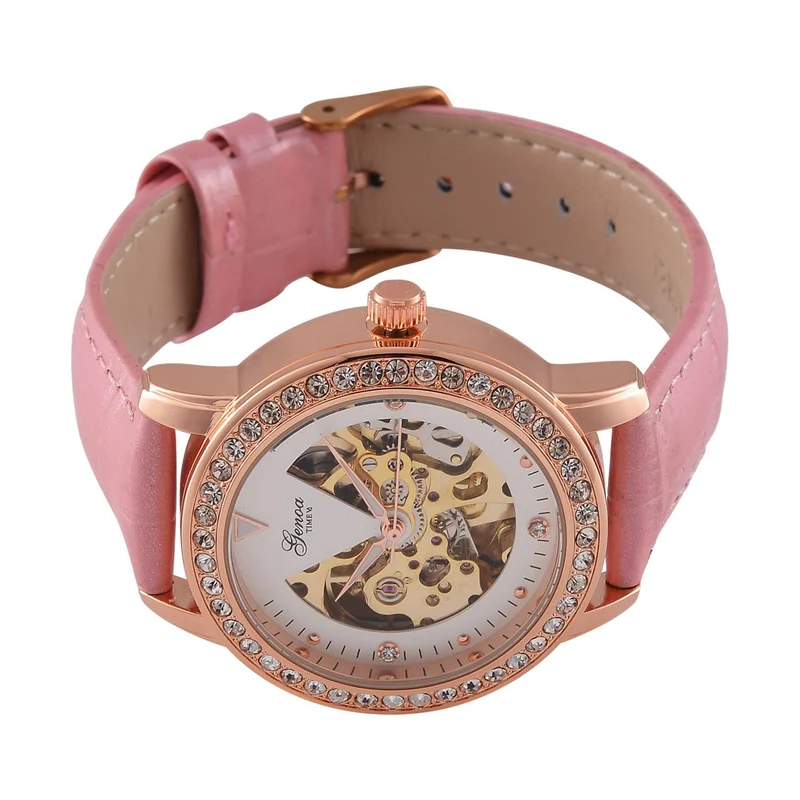 GENOA TIME V2 Automatik-Uhr mit Mechanischem Uhrwerk, Roségoldfarbenem Gehäuse und Blauem Lederarmband