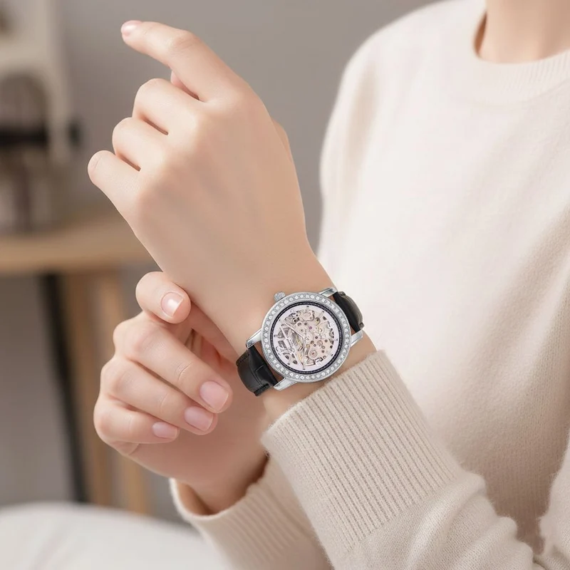 GENOA TIME V2 Automatik-Uhr mit Mechanischem Uhrwerk, Roségoldfarbenem Gehäuse und Blauem Lederarmband