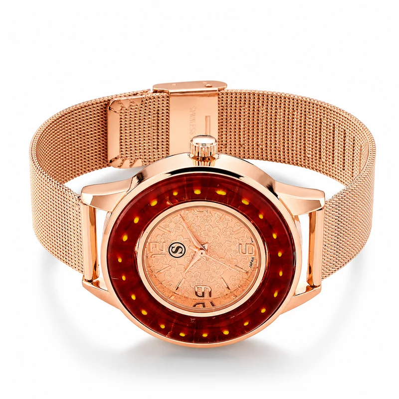 STRADA Uhr mit Murano Stil Glas Besatz, PC21S japanisches Uhrwerk, Edelstahl, Rot, Roségoldfarben