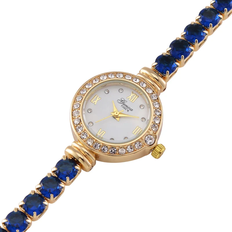 Genoa Time V2 - PC21S Japanisches Uhrwerk, Gehäuse mit weißen Kristallakzenten und PNP-Goldplattierung, runder Zifferblatt mit weißen Ziffern und Kristallen, Kupferkette mit blauen Zirkonia