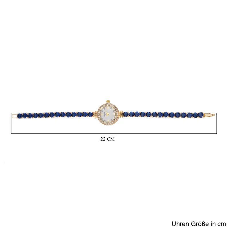 Genoa Time V2 - PC21S Japanisches Uhrwerk, Gehäuse mit weißen Kristallakzenten und PNP-Goldplattierung, runder Zifferblatt mit weißen Ziffern und Kristallen, Kupferkette mit blauen Zirkonia