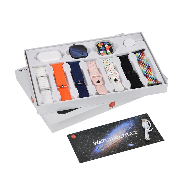 I20 Ultra 2 Max Suit - 10-in-1 Smartwatch-Komplettset mit Smartwatch, Gold-Drehkrone, Kopfhörern, Displayschutz, Ladekabel und 7 Wechselarmbändern, goldfarben