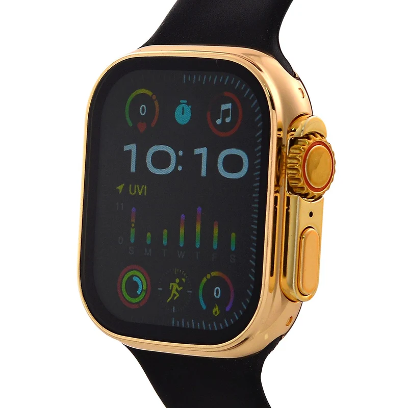 I20 Ultra 2 Max Suit - 10-in-1 Smartwatch-Komplettset mit Smartwatch, Gold-Drehkrone, Kopfhörern, Displayschutz, Ladekabel und 7 Wechselarmbändern, goldfarben