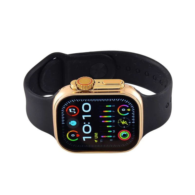 I20 Ultra 2 Max Suit - 10-in-1 Smartwatch-Komplettset mit Smartwatch, Gold-Drehkrone, Kopfhörern, Displayschutz, Ladekabel und 7 Wechselarmbändern, goldfarben