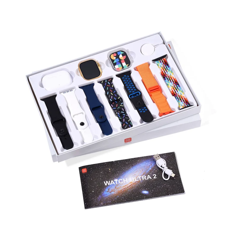I20 Ultra 2 Max Suit - 10-in-1 Smartwatch-Komplettset mit Smartwatch, Gold-Drehkrone, Kopfhörern, Displayschutz, Ladekabel und 7 Wechselarmbändern, goldfarben