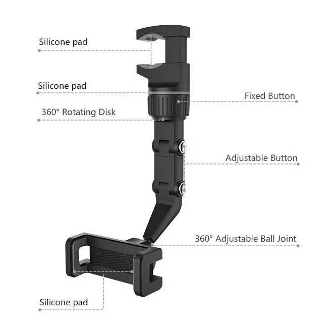Laser Rear View Mirror Phone Mount with Adjustable Clamp (Black)