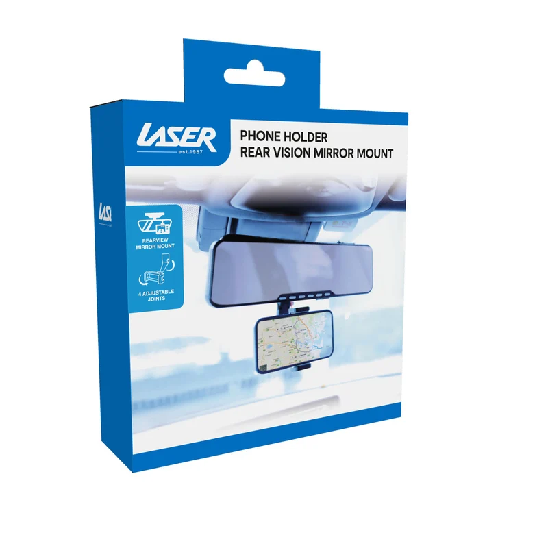 Laser Rear View Mirror Phone Mount with Adjustable Clamp (Black)