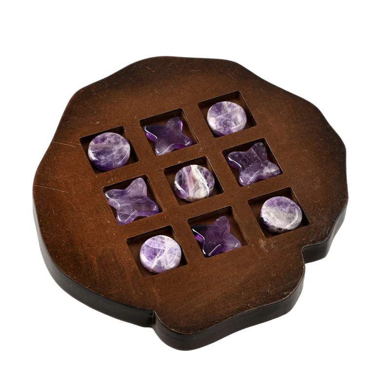 Tic Tac Toe Spiel mit Rosenquarz-Steinen und Holzbrett, ca. 9-teiliges Set