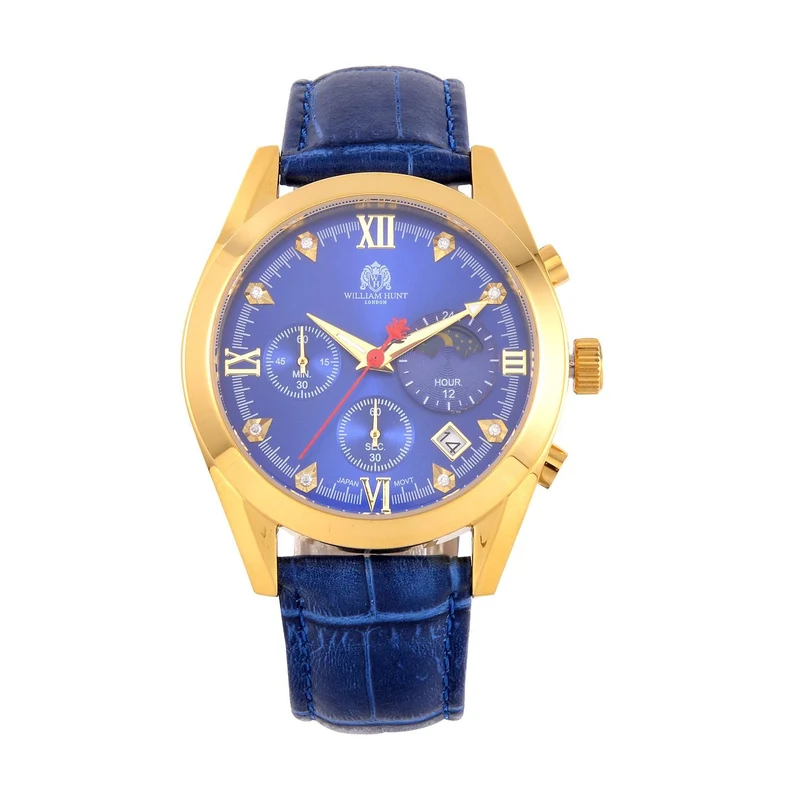 WILLIAM HUNT - 40mm Edelstahl-Uhr, japanisches Uhrwerk, weißes Zifferblatt, Moissanit, blauem Lederband, ca.5 ctca. 0.05 ct