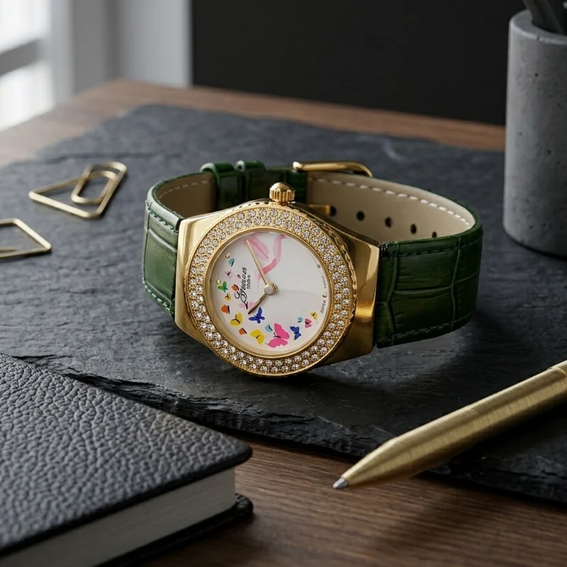 GENOA - J Francis gefertigt mit SWAROVSKI Weißer Swarovski Kristall Uhren 23 cm Reine Legierung IP-Gelbbeschichtung