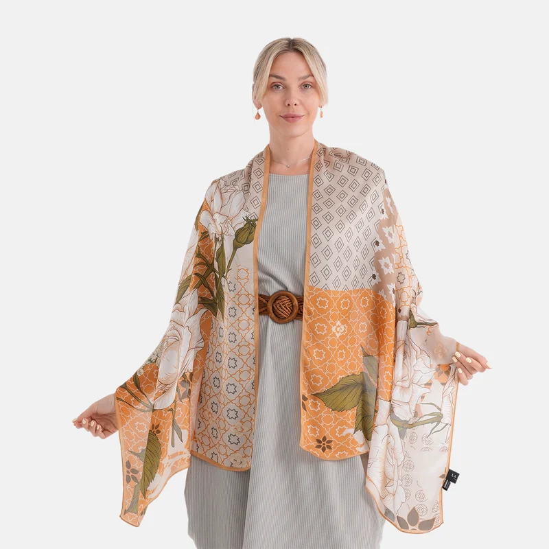 LA MAREY Signature Set mit Seidenschal und Seidentropfen-Ohrringen, 100% Maulbeerseide, 65 x 170 cm, Perlgrau mit Beige