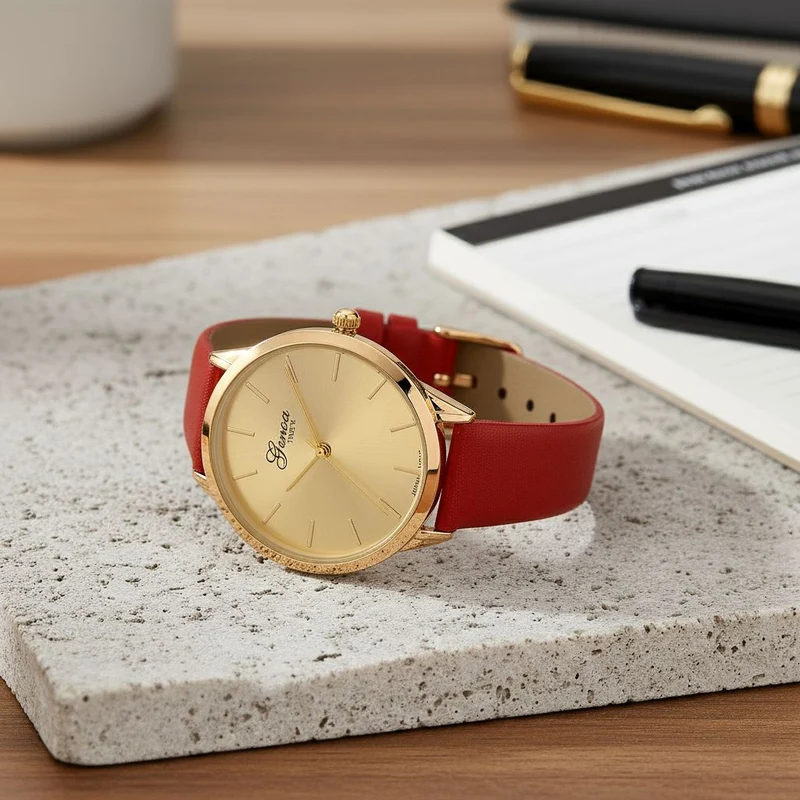 GENOA TIME - Armbanduhr Legierung, goldfarben, rotes Lederarmband, Zifferblatt Gold-Sunshine, 3 ATM wasserdicht