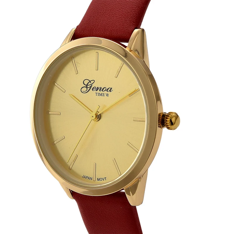 GENOA TIME - Armbanduhr Legierung, goldfarben, rotes Lederarmband, Zifferblatt Gold-Sunshine, 3 ATM wasserdicht