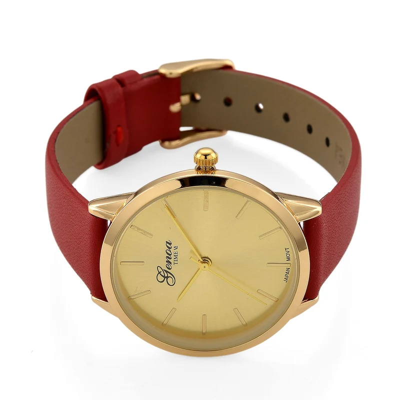 GENOA TIME - Armbanduhr Legierung, goldfarben, rotes Lederarmband, Zifferblatt Gold-Sunshine, 3 ATM wasserdicht