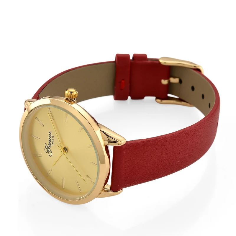GENOA TIME - Armbanduhr Legierung, goldfarben, rotes Lederarmband, Zifferblatt Gold-Sunshine, 3 ATM wasserdicht