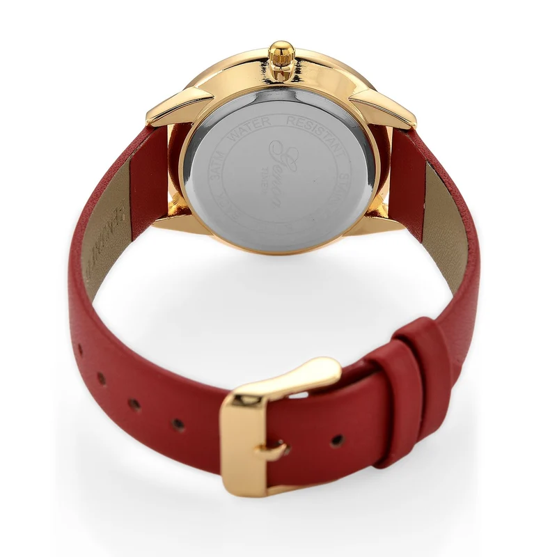 GENOA TIME - Armbanduhr Legierung, goldfarben, rotes Lederarmband, Zifferblatt Gold-Sunshine, 3 ATM wasserdicht