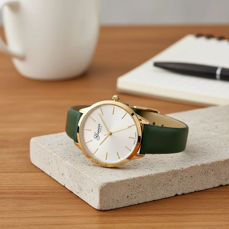 GENOA TIME - Armbanduhr Legierung, goldfarben, rotes Lederarmband, Zifferblatt Gold-Sunshine, 3 ATM wasserdicht
