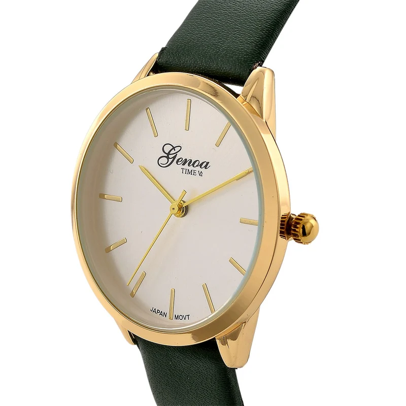 GENOA TIME - Armbanduhr Legierung, goldfarben, rotes Lederarmband, Zifferblatt Gold-Sunshine, 3 ATM wasserdicht