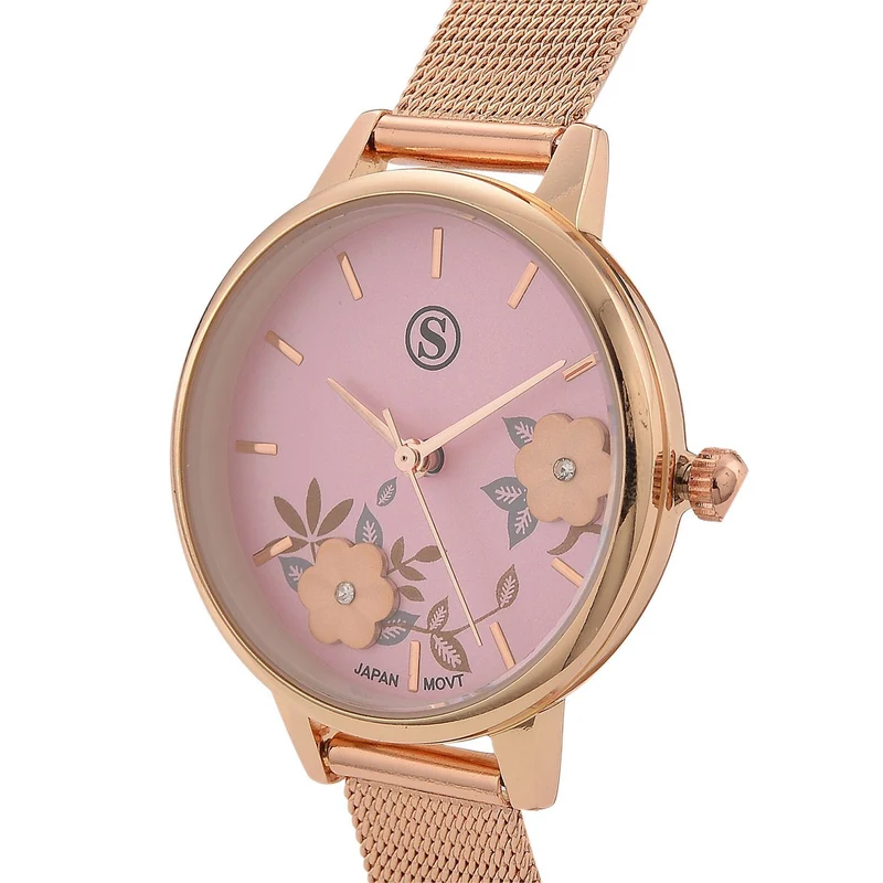 STRADA Uhr mit Japanischem PC21S Werk, Edelstahl-Mesharmband Silberfarben, florales Zifferblatt Weiß mit Weißem Kristall