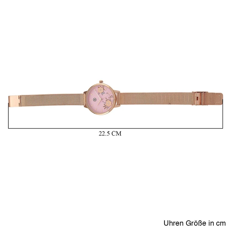 STRADA Uhr mit Japanischem PC21S Werk, Edelstahl-Mesharmband Silberfarben, florales Zifferblatt Weiß mit Weißem Kristall