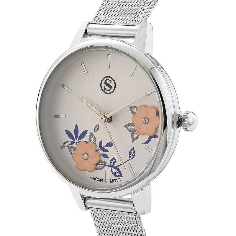 STRADA Uhr mit Japanischem PC21S Werk, Edelstahl-Mesharmband Silberfarben, florales Zifferblatt Weiß mit Weißem Kristall