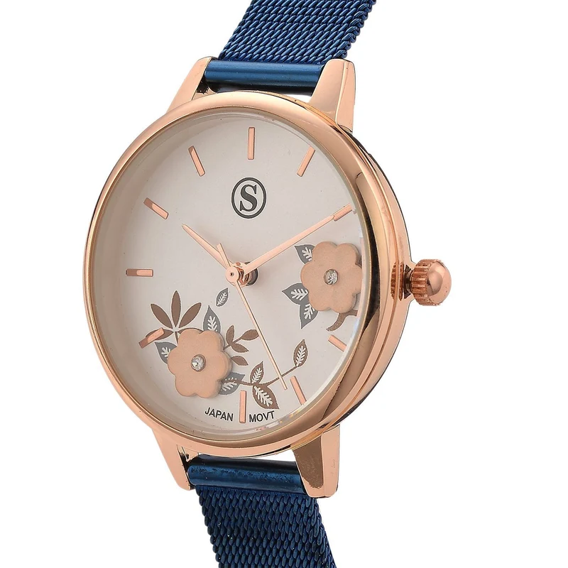 STRADA Uhr mit Japanischem PC21S Werk, Edelstahl-Mesharmband Silberfarben, florales Zifferblatt Weiß mit Weißem Kristall