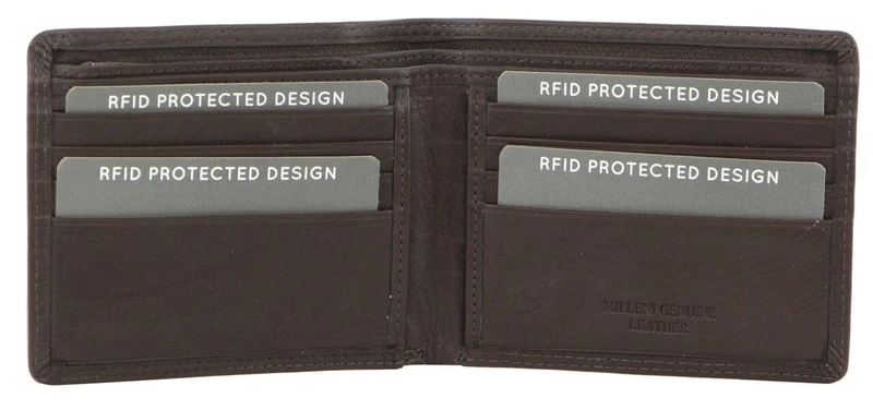 Milleni Men's Leather RFID Protected Card/Cash Flat Wallet 10cm Brown