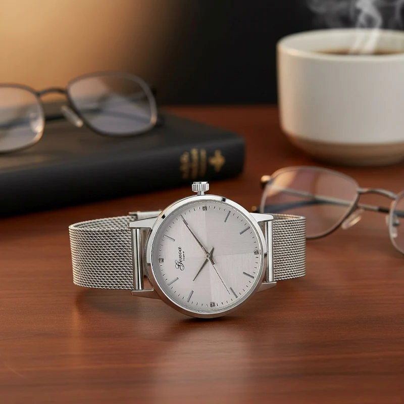 GENOA TIME - V2 Automatik Armbanduhr, Gehäuse 316 Edelstahl Sonnenschein Zifferblatt mit weißem Diamant Edelstahl Mesharmband, bicolor